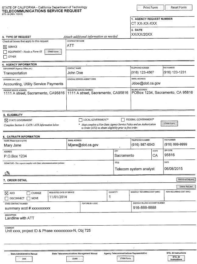 image of a filled Form 20 Telecommunications